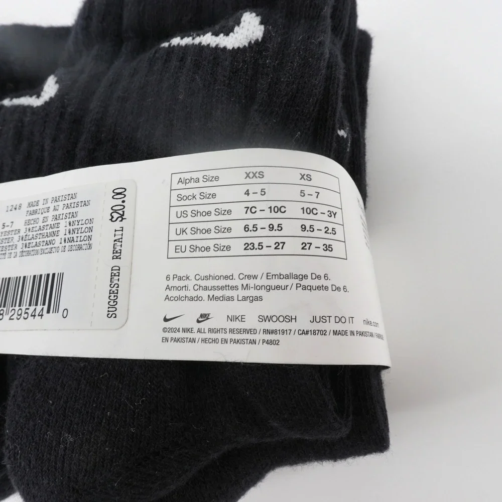 Nike Kids Two 6 Packs Dri-FIT Everyday Cushioned Crew Socks Black XS NEW